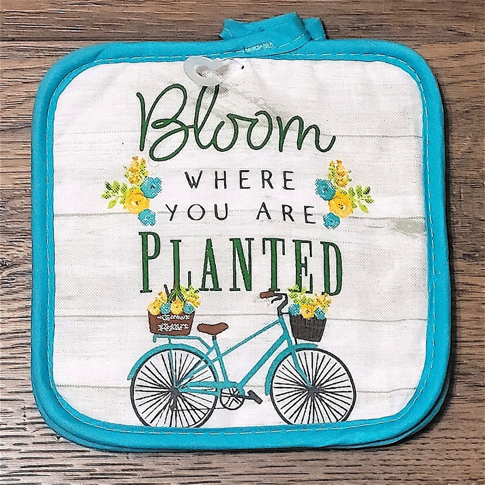 Pot Holders Set Of Two - Bloom Where You Are Planted Teal Heat Resistant
